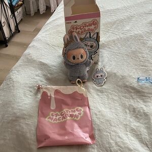 Plush Bunny Keychain in Light Gray with Pink Accent